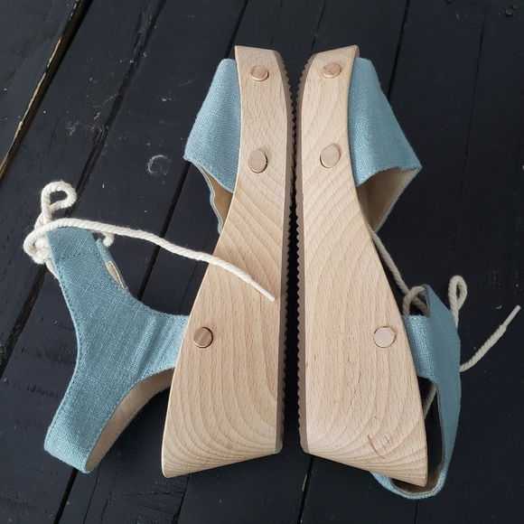 Sedette Sandal Co. Women's 7.5 Wooden Clog Sandals Blue Linen Straps Boho - Picture 4 of 11